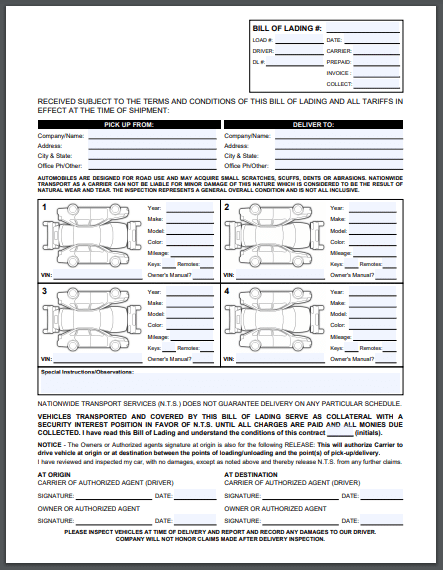 shipping bill of lading