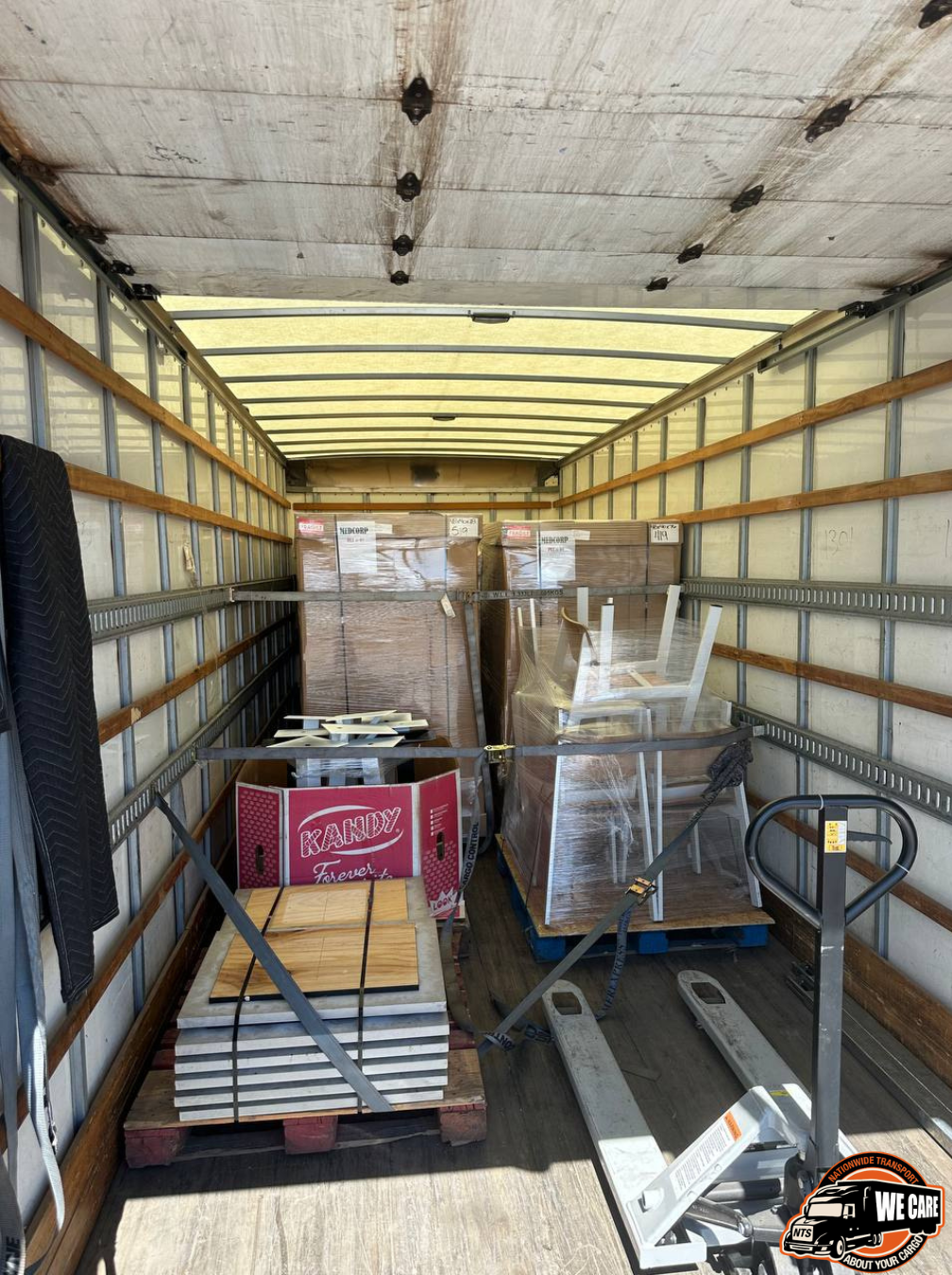 Transporting 3 pallets of metal and chairs